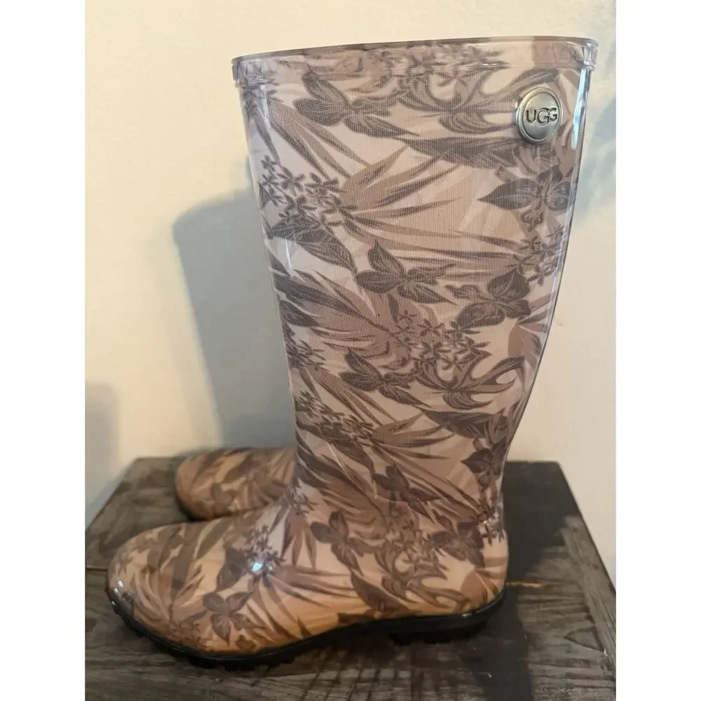Ugg Women Boots Shaye Island Floral Rain Boot Tropical Asphalt Black Tan Size 9